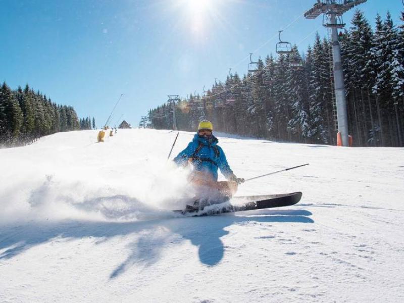 Sciare su neve fresca sotto il sole, circondati da pini e seggiovia.